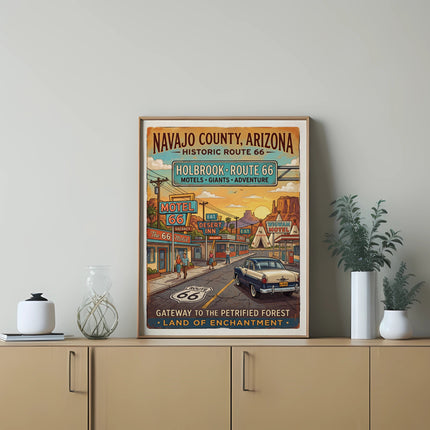Navajo County Arizona Historic Route 66 Holbrook poster with motels and car.