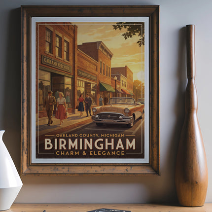 Retro poster of Birmingham, Michigan, featuring a vintage car and street scene.