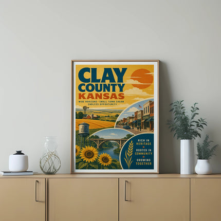 Clay County Kansas poster with sunflowers, town scene, and slogan "Growing Together."