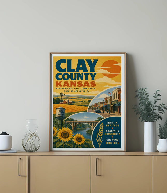 Clay County Kansas poster with sunflowers, town scene, and slogan "Growing Together."