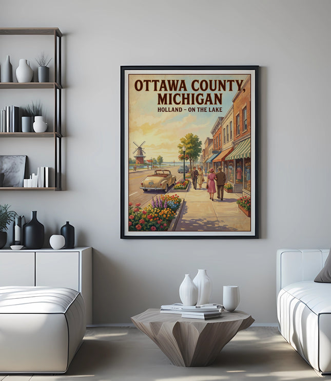 Poster of Ottawa County, Michigan featuring a cityscape with a windmill and vintage car.