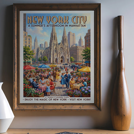 Vintage New York City poster of St. Patrick's Cathedral Plaza in summer.