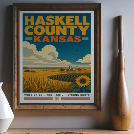 Haskell County, Kansas travel poster with sunflower and wheat fields.