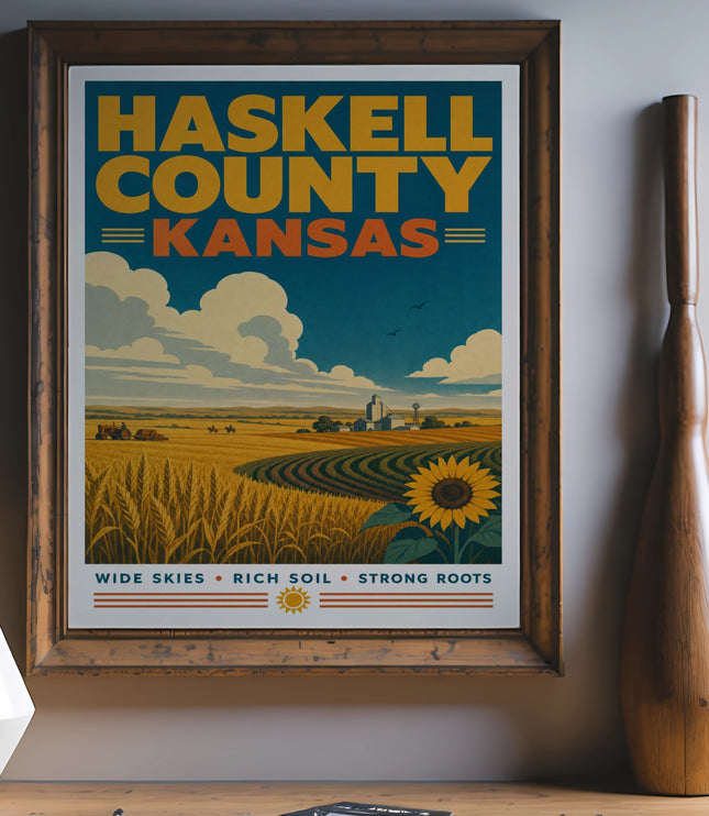 Haskell County, Kansas travel poster with sunflower and wheat fields.