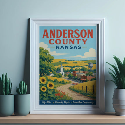 Anderson County Kansas vintage travel poster with rural landscape.