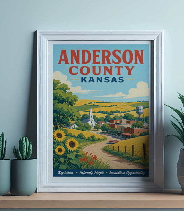 Anderson County Kansas vintage travel poster with rural landscape.