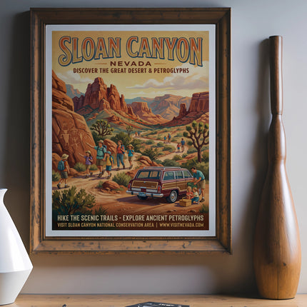 Sloan Canyon Nevada poster with petroglyphs, hiking trails, and desert landscape.