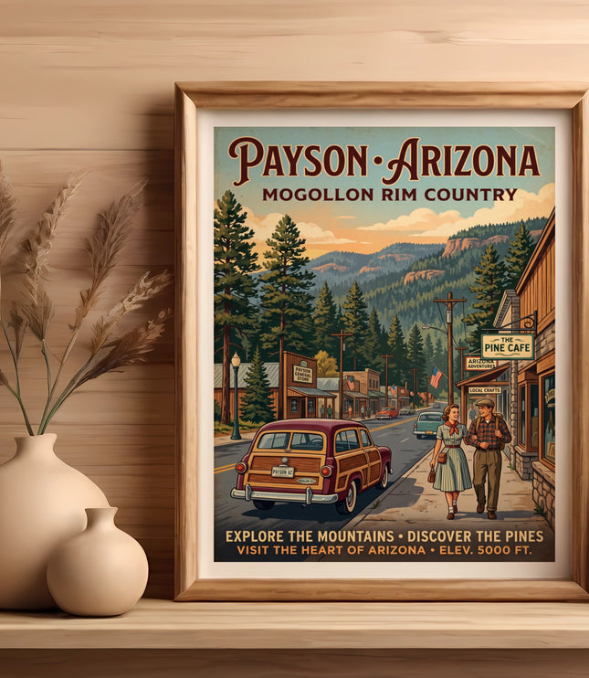 Payson Arizona Mogollon Rim Country vintage travel poster featuring a town scene.