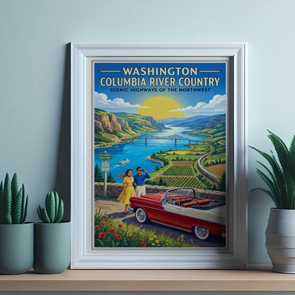 Washington Columbia River Country scenic highways poster with couple and vintage car.
