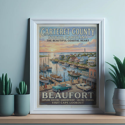 Carteret County, North Carolina poster of Beaufort harborfront with boats, cars, and lighthouse.