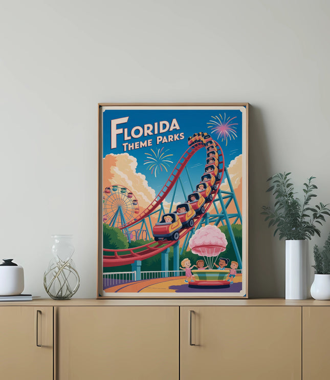 "Florida Theme Parks" vintage poster with roller coaster, Ferris wheel, and people.