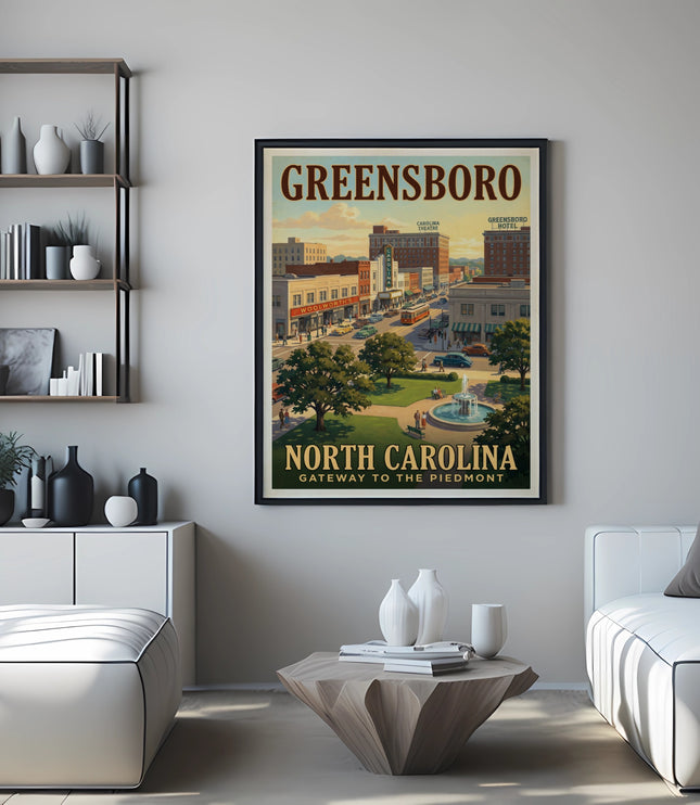 Vintage Greensboro, North Carolina poster showing downtown street scene and fountain.