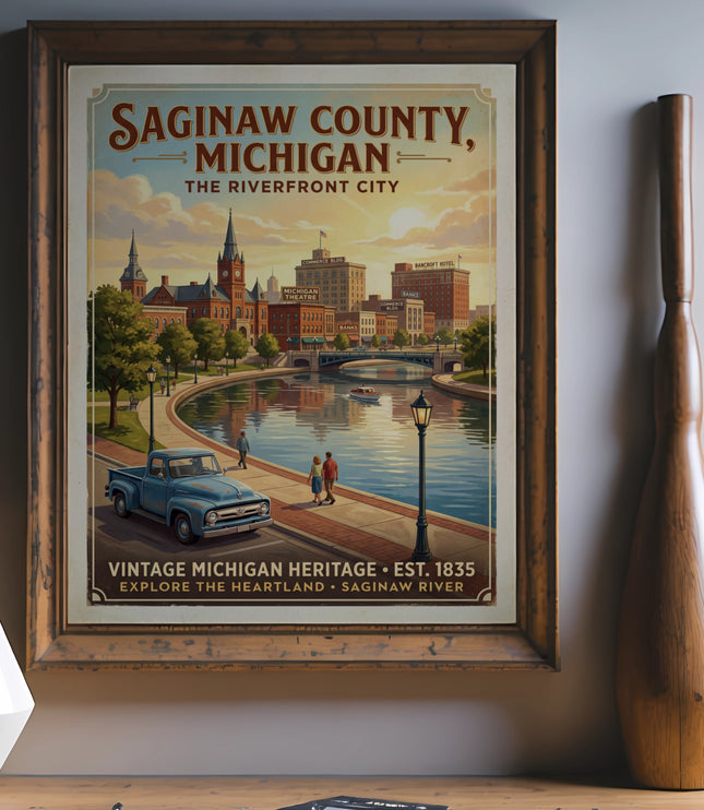 Saginaw County, Michigan vintage travel poster with a riverfront city scene.