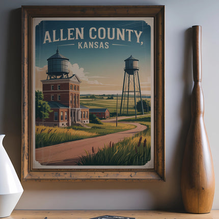 Vintage Allen County, Kansas travel poster with water towers and rural landscape.