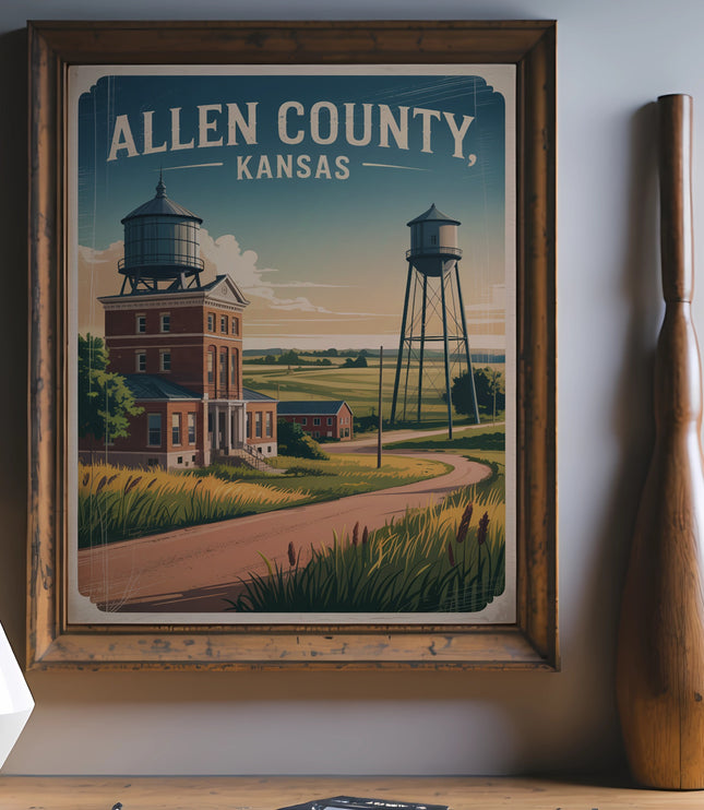 Vintage Allen County, Kansas travel poster with water towers and rural landscape.