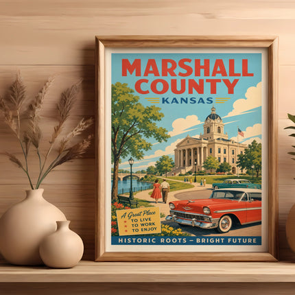 Vintage poster for Marshall County, Kansas, featuring a classic car and courthouse.