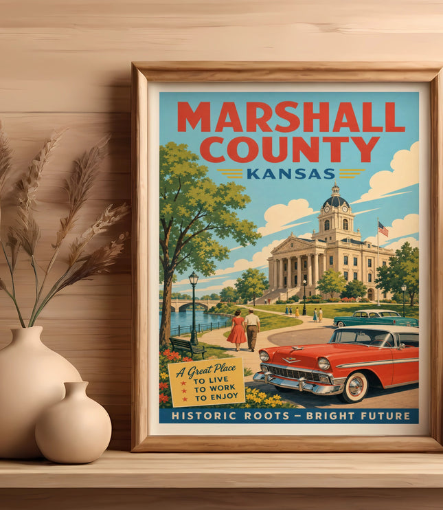 Vintage poster for Marshall County, Kansas, featuring a classic car and courthouse.