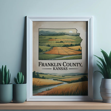 Framed artwork showing a map of Franklin County, Kansas, with fields and a river.