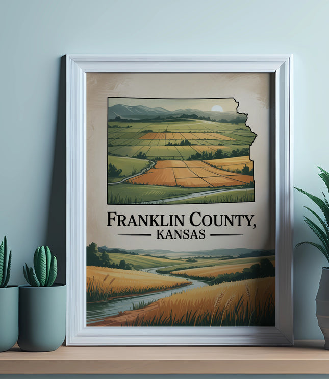 Framed artwork showing a map of Franklin County, Kansas, with fields and a river.