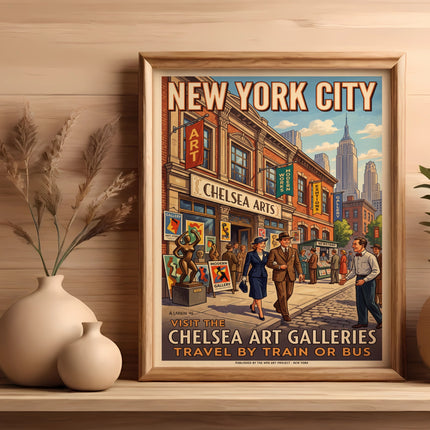 Vintage New York City poster for Chelsea Art Galleries featuring people and buildings.