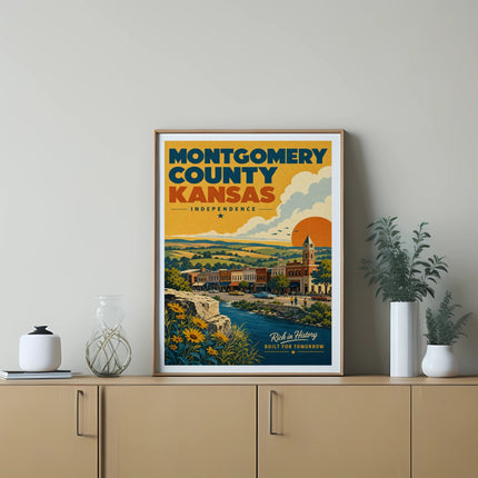 Montgomery County Kansas Independence poster with cityscape and sun.