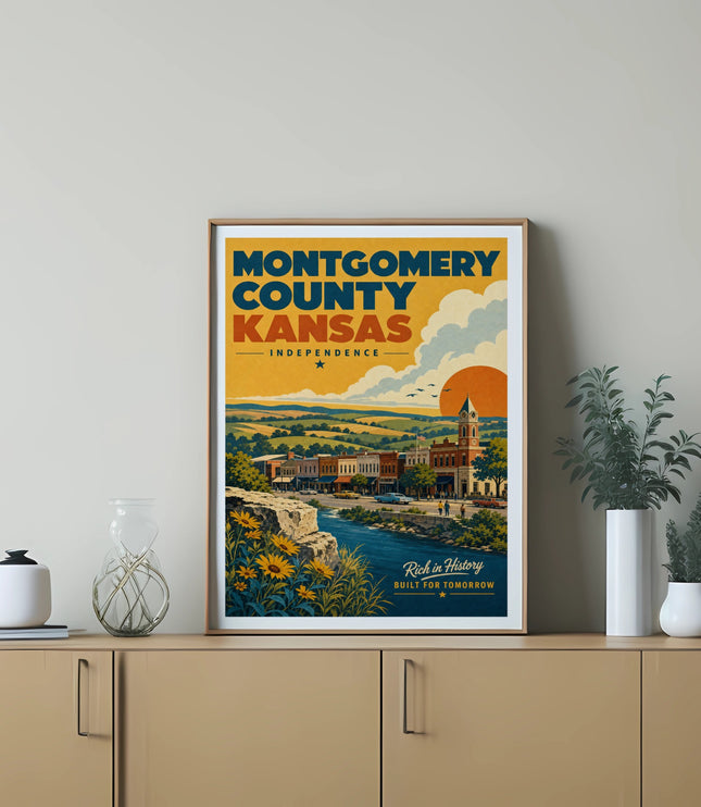 Montgomery County Kansas Independence poster with cityscape and sun.