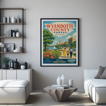 Wyandotte County Kansas travel poster with city and nature illustrations.