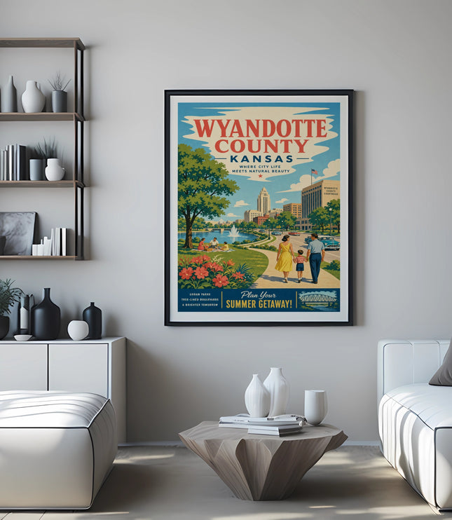 Wyandotte County Kansas travel poster with city and nature illustrations.