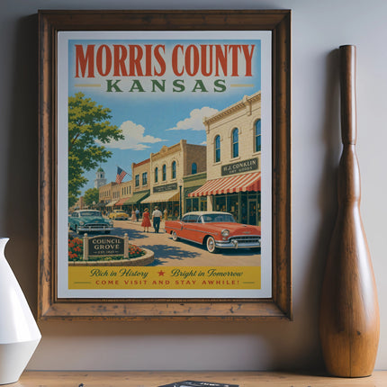 Vintage travel poster for Morris County, Kansas, featuring Council Grove.