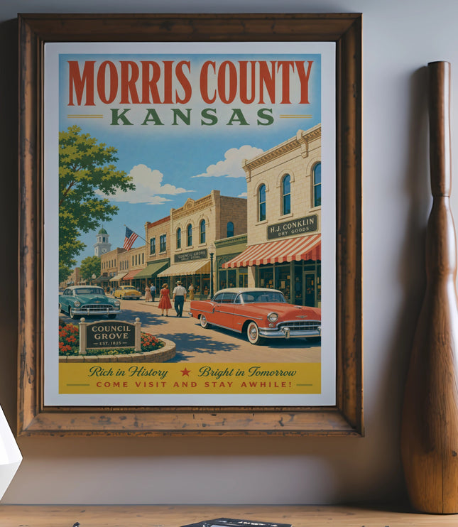 Vintage travel poster for Morris County, Kansas, featuring Council Grove.