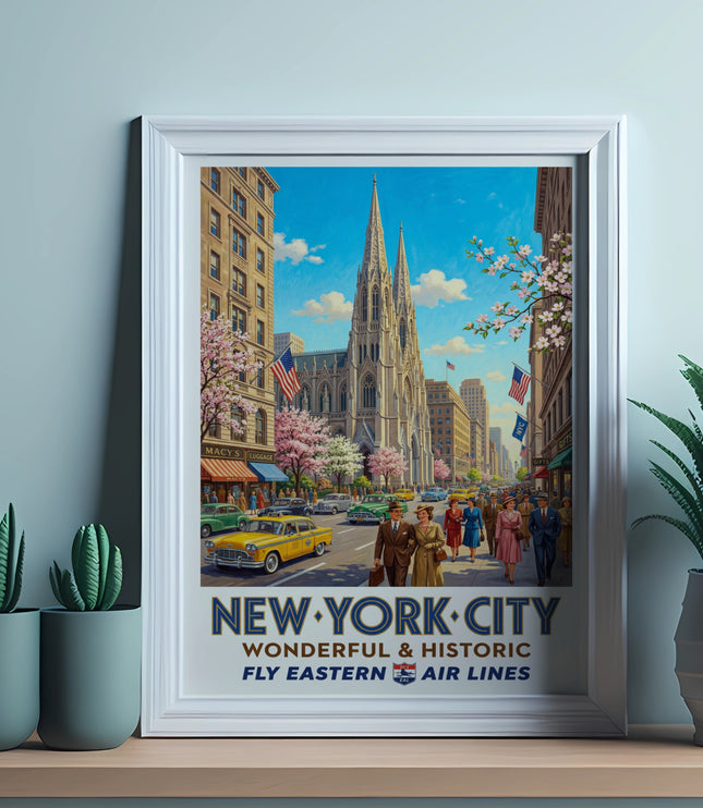 New York City vintage travel poster with St. Patrick's Cathedral and text "New York City Wonderful & Historic Fly Eastern Air Lines".