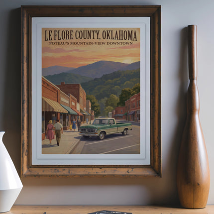Le Flore County, Oklahoma poster showing a mountain-view downtown scene.