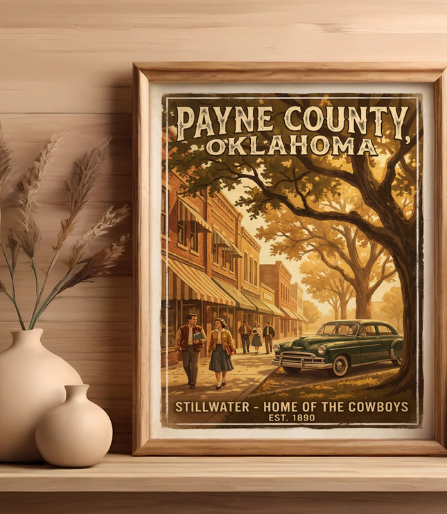 Payne County, Oklahoma poster with vintage car and text "Stillwater - Home of the Cowboys Est. 1890".