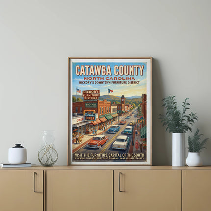 Catawba County North Carolina vintage travel poster with downtown street scene.