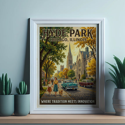 Poster of Hyde Park, Chicago, Illinois with vintage cars and architecture.