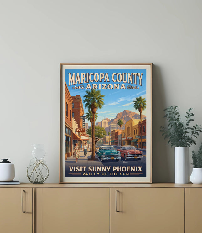 Maricopa County Arizona vintage travel poster with downtown street scene.