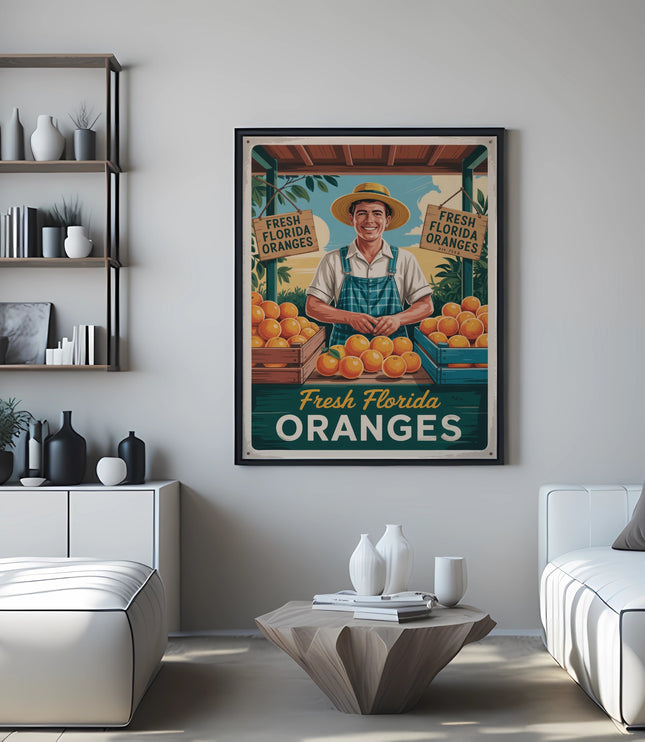 Vintage style poster of a farmer selling fresh Florida oranges with crates of fruit.