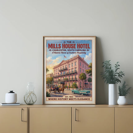 Poster of Mills House Hotel in Charleston, South Carolina, with horse carriage and car.
