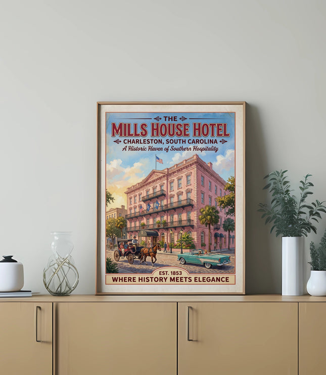 Poster of Mills House Hotel in Charleston, South Carolina, with horse carriage and car.