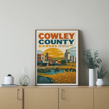 Cowley County Kansas travel poster with "Small Towns. Big Heart." slogan.