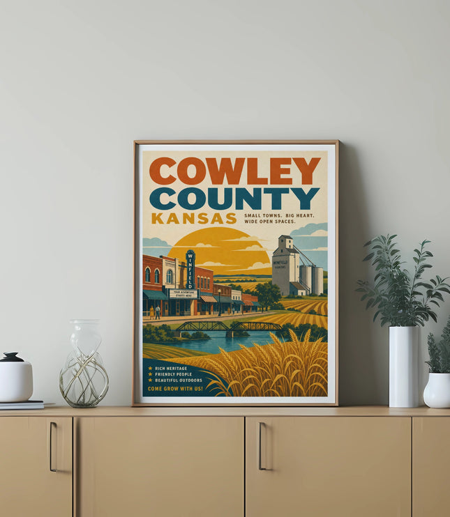 Cowley County Kansas travel poster with "Small Towns. Big Heart." slogan.