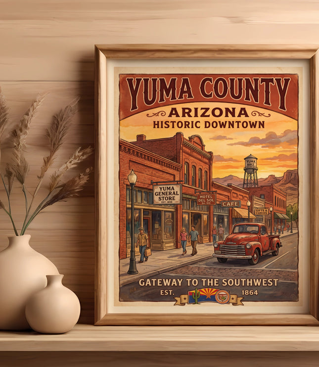 Yuma County Arizona Historic Downtown retro poster with red truck.