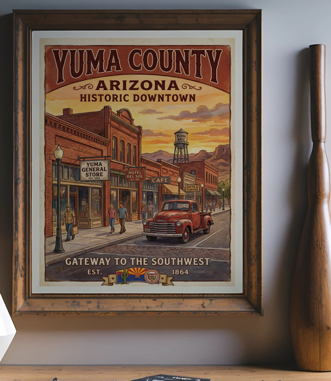 Yuma County Arizona historic downtown poster depicts a vintage street scene with shops and a red truck.