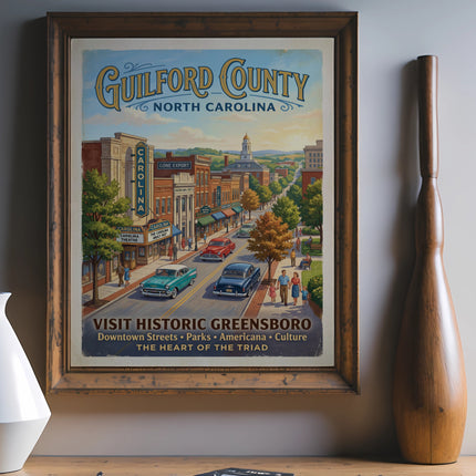 Vintage poster of Guilford County, North Carolina featuring downtown Greensboro street scene.