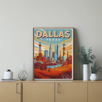 Vintage style poster of the Dallas, Texas skyline with buildings and river.