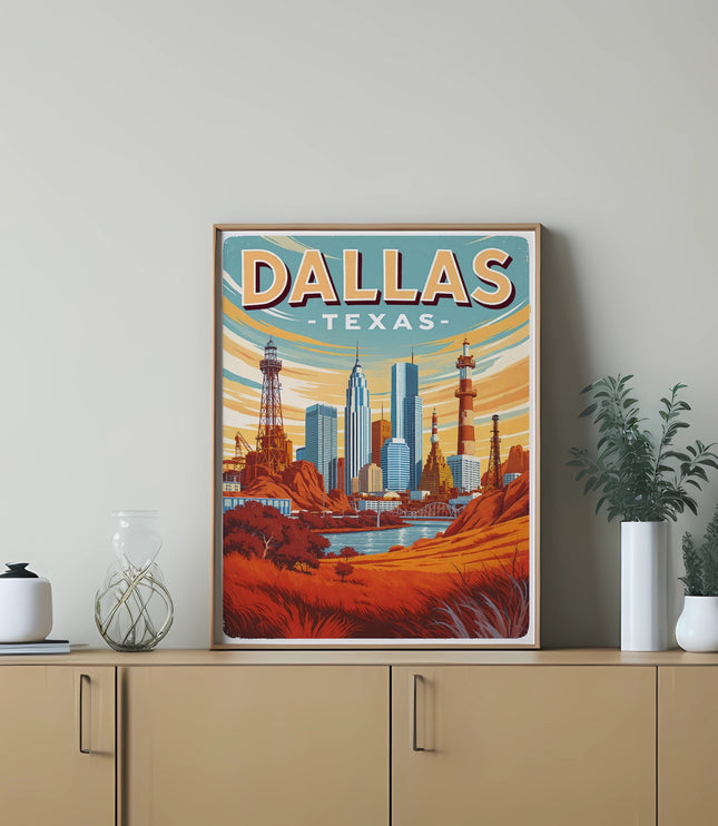 Vintage style poster of the Dallas, Texas skyline with buildings and river.