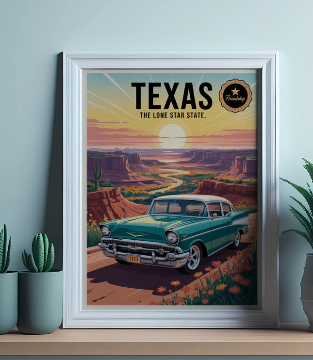 Vintage Texas Lone Star State poster with teal classic car and desert landscape.