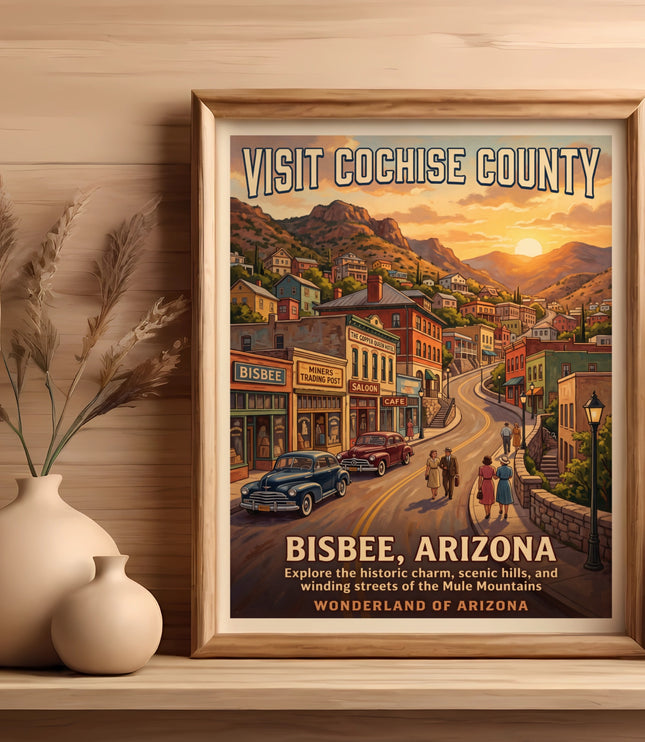 Retro poster for Bisbee, Arizona, showing a hilly street with buildings, cars, and people.
