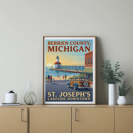 Berrien County, Michigan, St. Joseph's Lakeside Downtown poster with lighthouse.