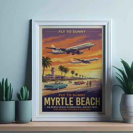 Vintage poster of Myrtle Beach with planes, beach, cars, and text.